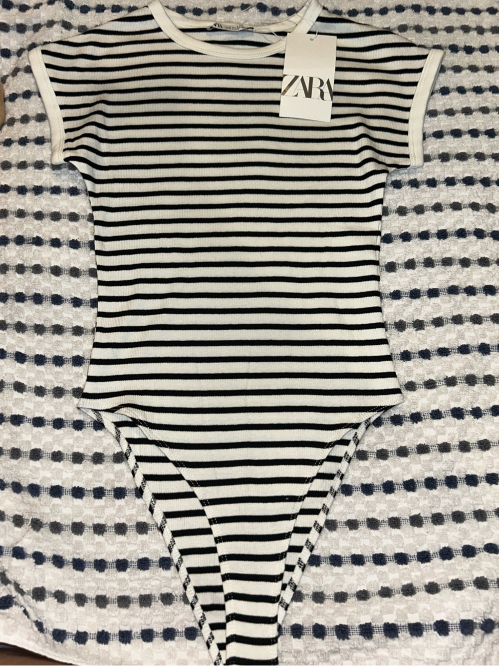 ZARA Black & White Striped womens One-Piece Bodysuit Strechy Ribbed